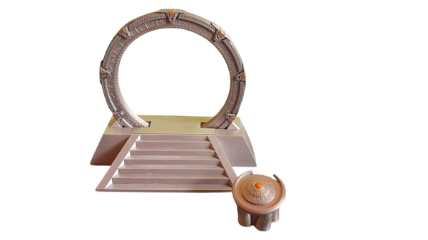 Stargate in an off-world pedestal with a DHD