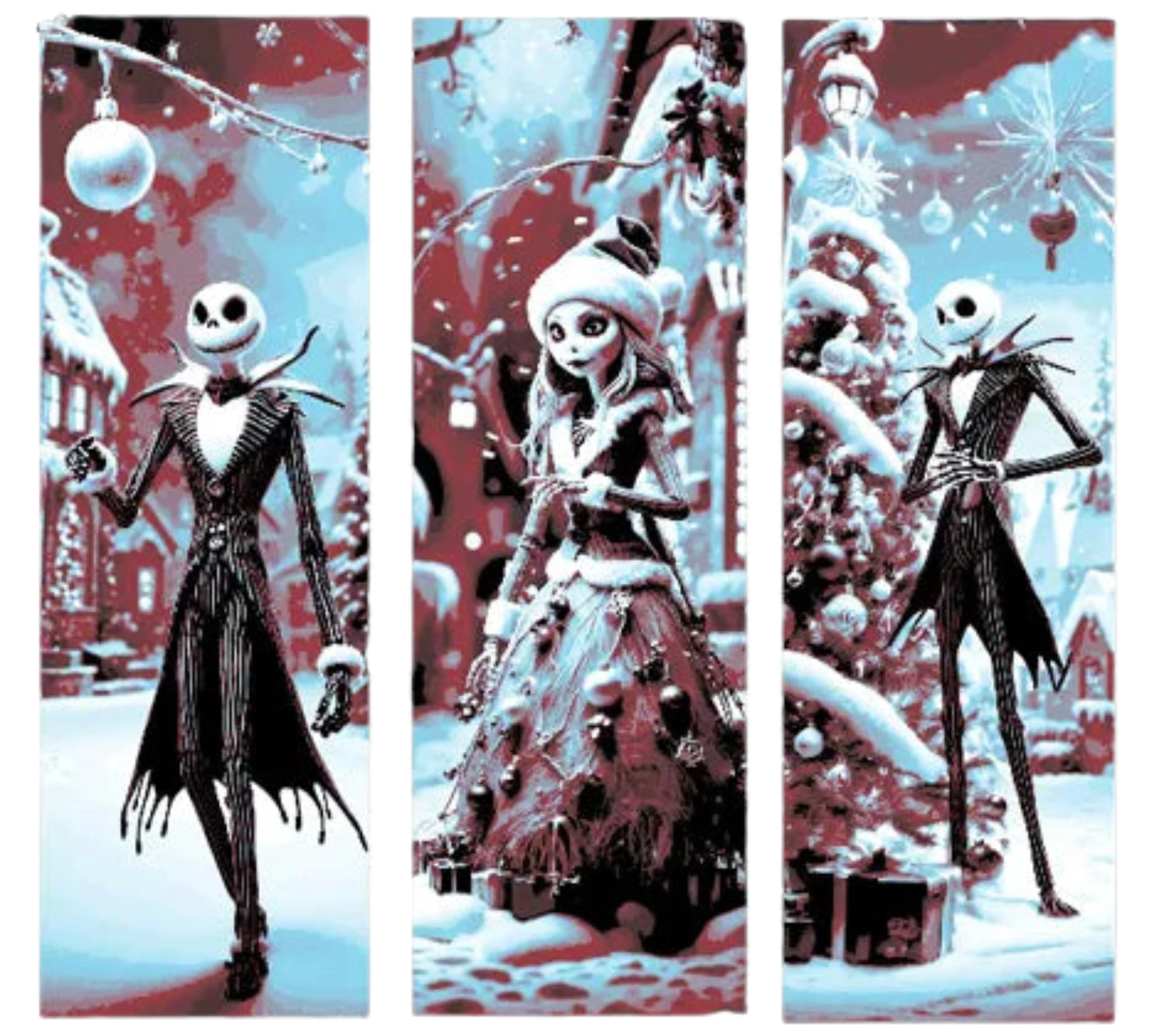 Fan Art 3 Bookmarks of Nightmare Before Christmas Jack and Sally decorating the town for Christmas