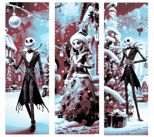 Fan Art 3 Bookmarks of Nightmare Before Christmas Jack and Sally decorating the town for Christmas