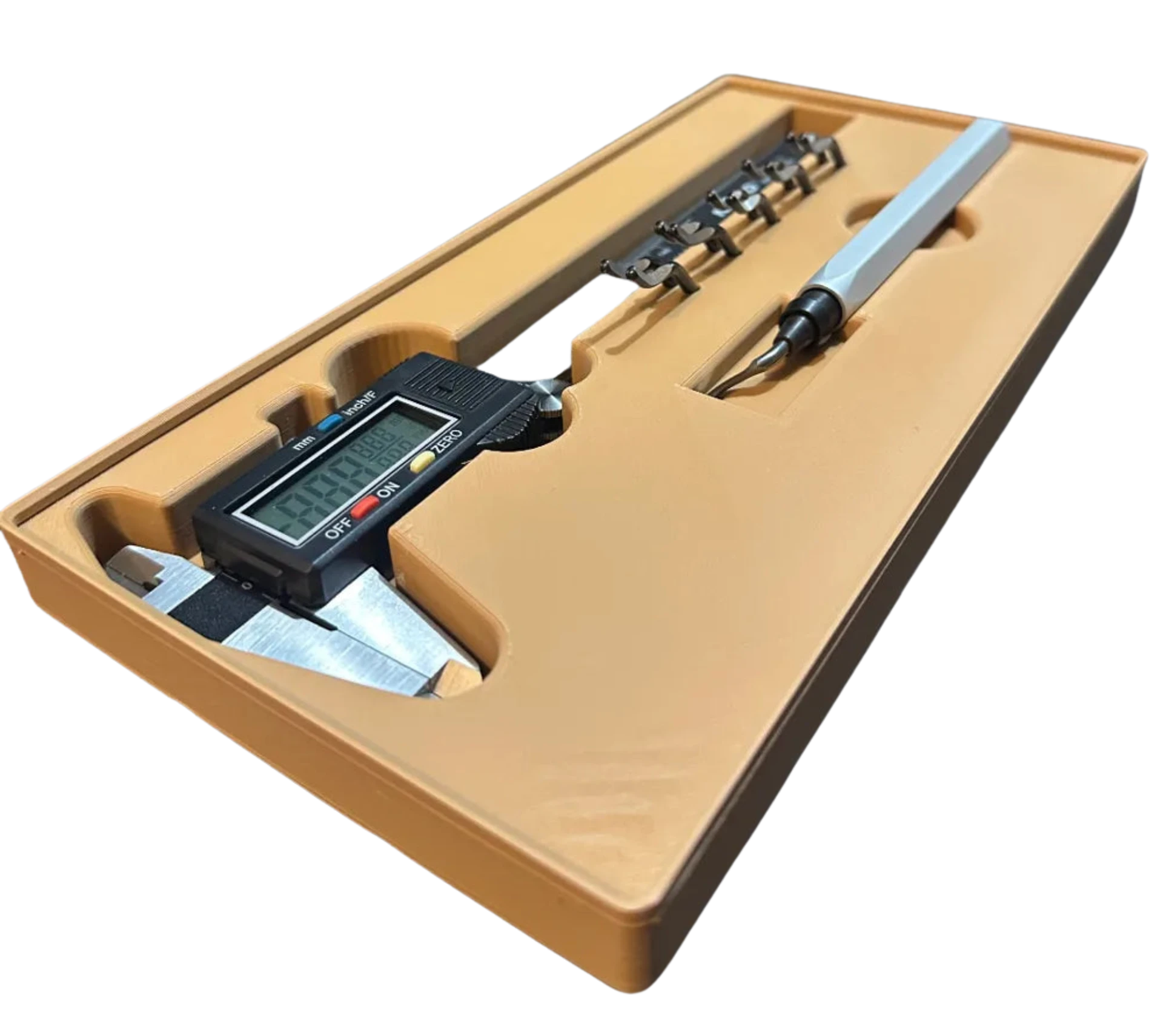 Gridfinity caliper and de-burring tool bin