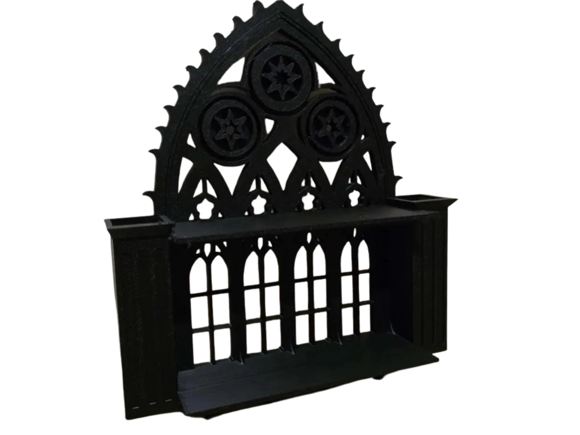 cathedral window shelf with key hooks and vases