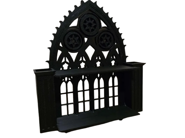 cathedral window shelf with key hooks and vases