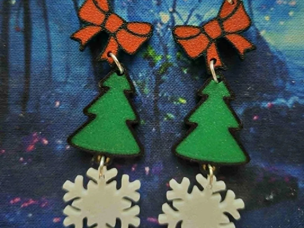 Christmas bow tree and snowflake dangle earrings
